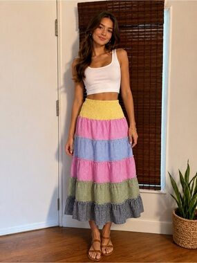 Sweet Generis Tiered Gingham Maxi Skirt in Yellow, Pink, Blue, Green , Sz S nwot